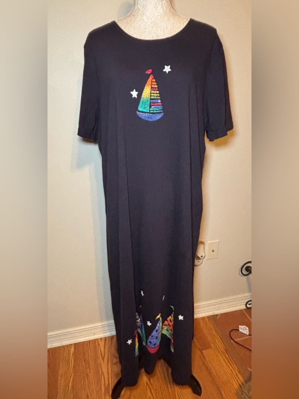 Vintage 90s Whimsical Rainbow Sailboat Maxi Dress Knit Dark Navy Blue Large-XL